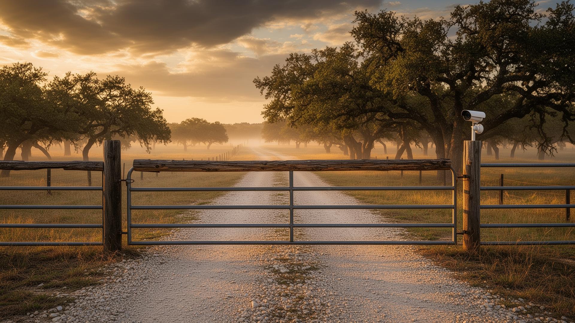 Texas ranch gate at golden hour with security camera mounted on the post
